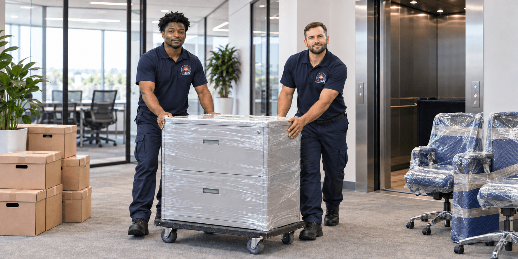 ASR movers delivering a protected filing cabinet with organized office boxes and chairs