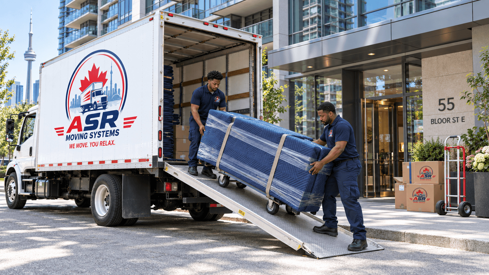 ASR movers unloading protected furniture outside a Toronto condo