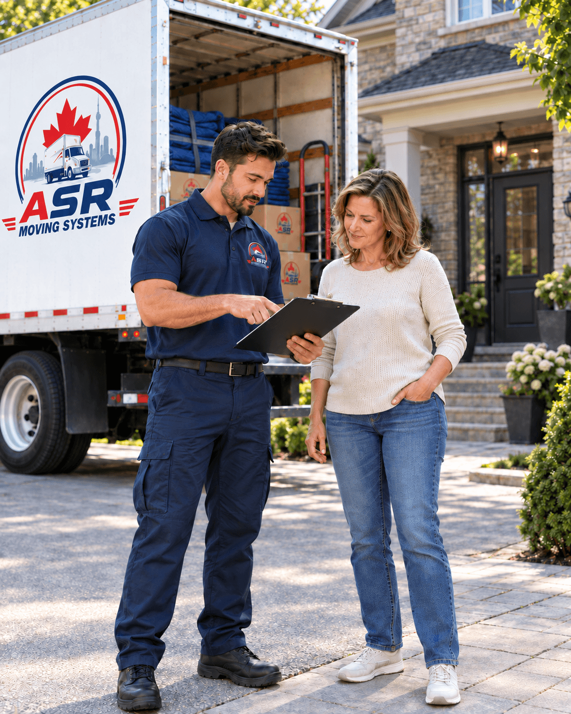 ASR Moving Systems crew leader reviewing a local move plan with a homeowner