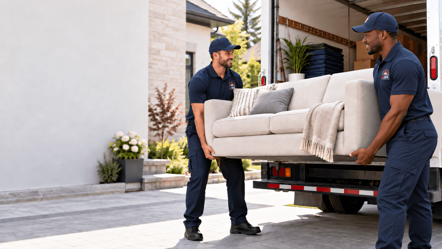 Two ASR movers in branded uniforms loading a sofa for delivery