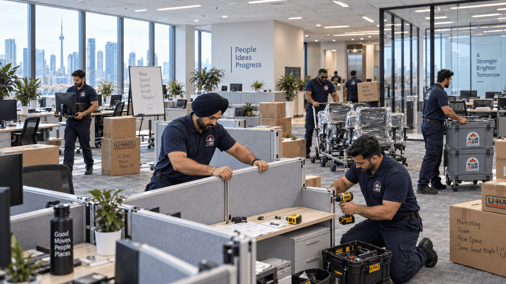 ASR movers disassembling office workstations and preparing workplace furniture