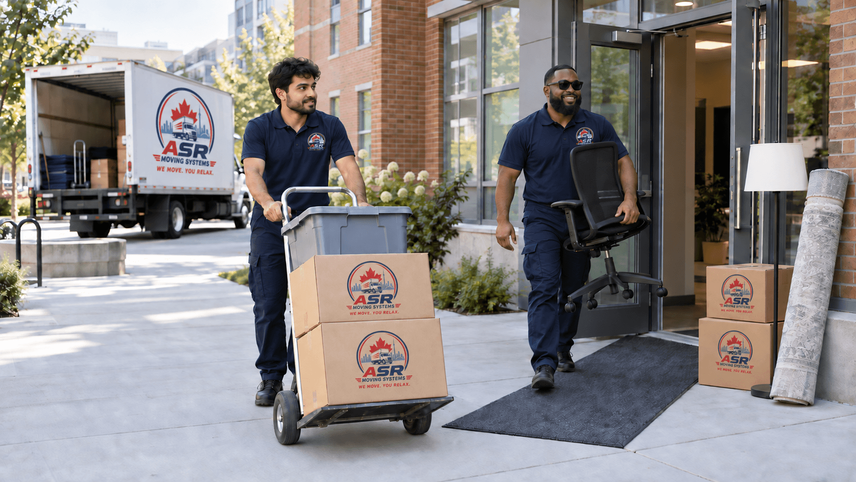 ASR movers carrying boxes and furniture from a student residence