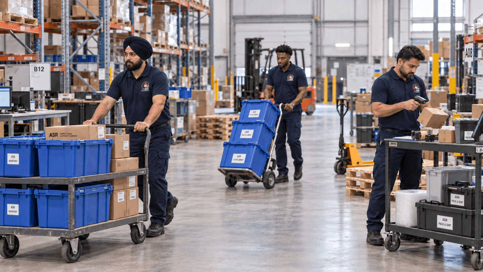 ASR crew organizing inventory and fulfillment carts inside a warehouse