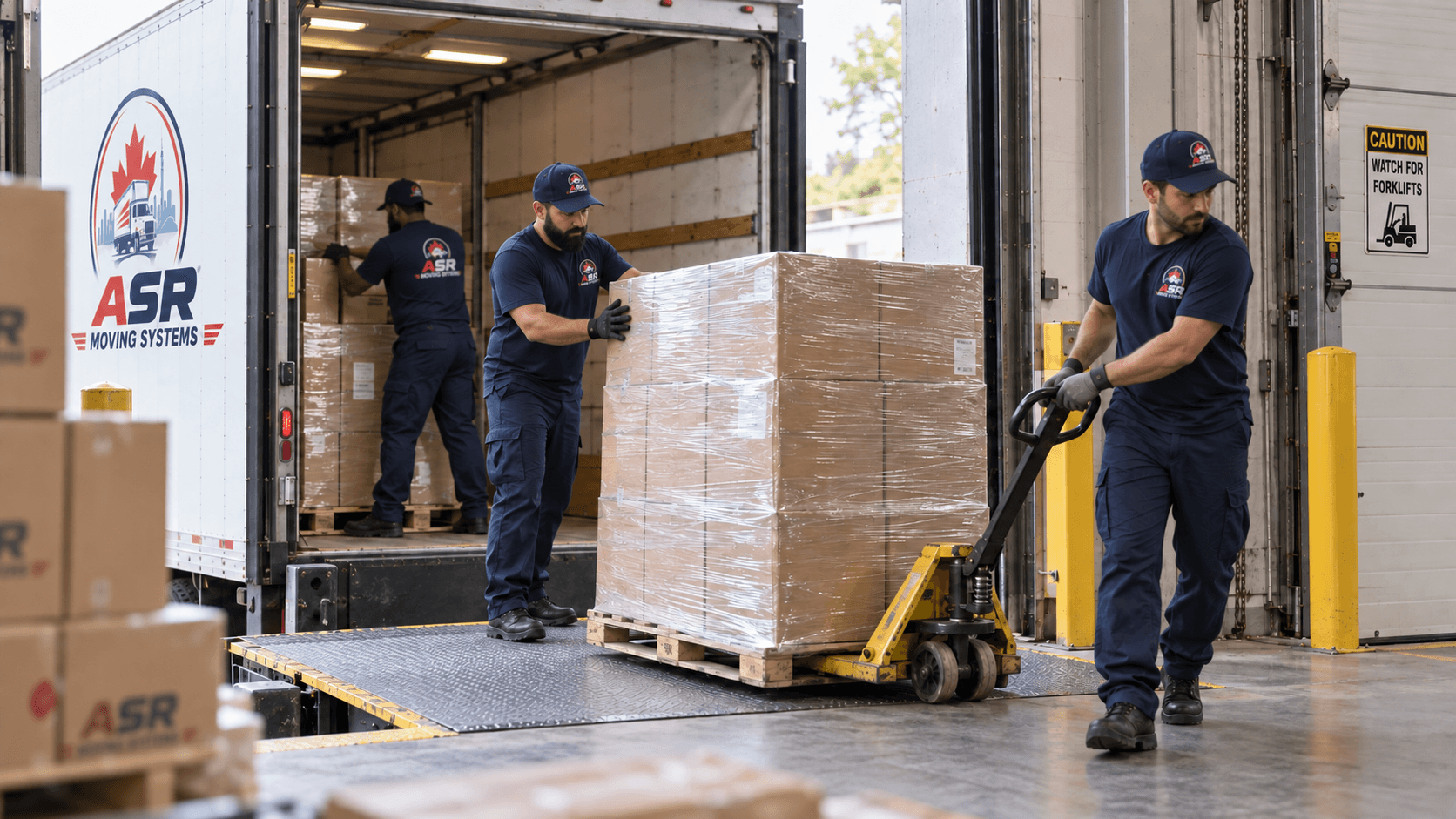 ASR movers loading a wrapped warehouse pallet into a moving truck