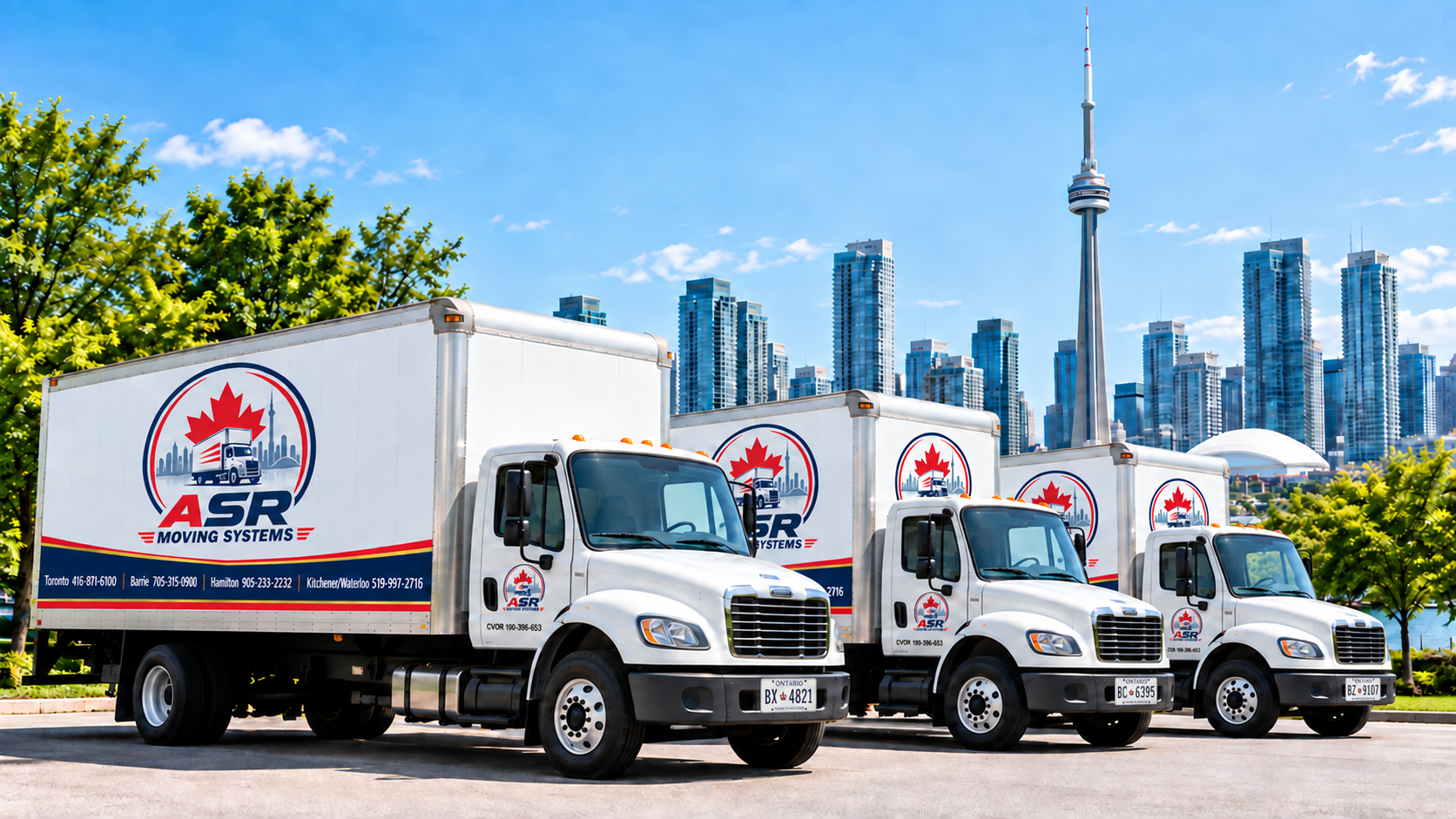ASR Moving Systems branded fleet of trucks in Toronto